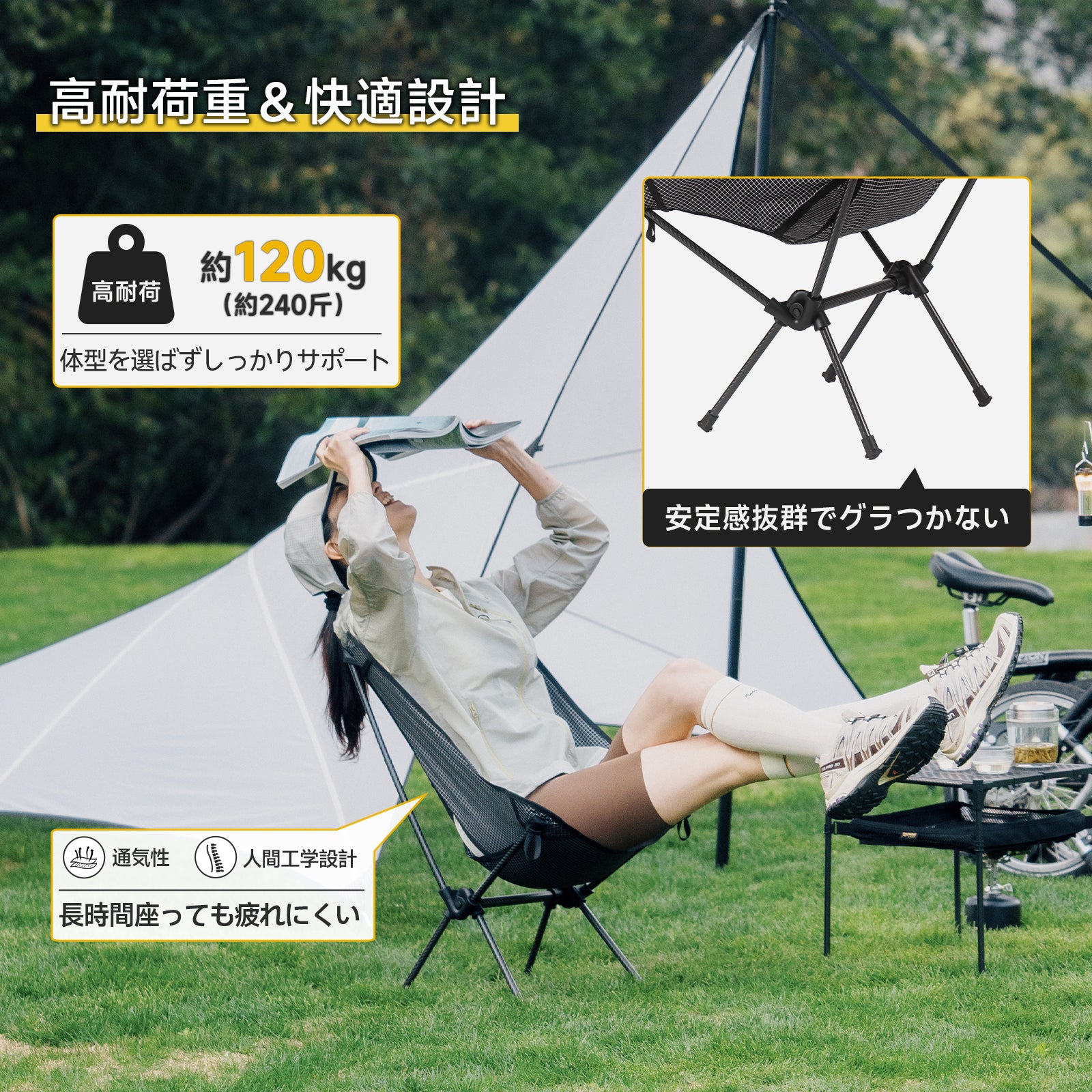 Springhill カーボンファイバーチェア 超軽量 約615g カーボン製骨組み 折りたたみ コンパクト 耐裂性 ダイニーマ生地 耐荷重120kg 登山 キャンプ 椅子 ソロキャンプ 携帯便利